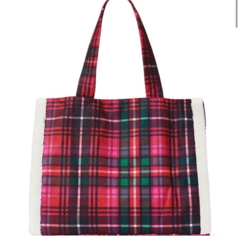 Victoria's Secret Holiday Plaid Tote Bag - Red and White with fleece trim NWT